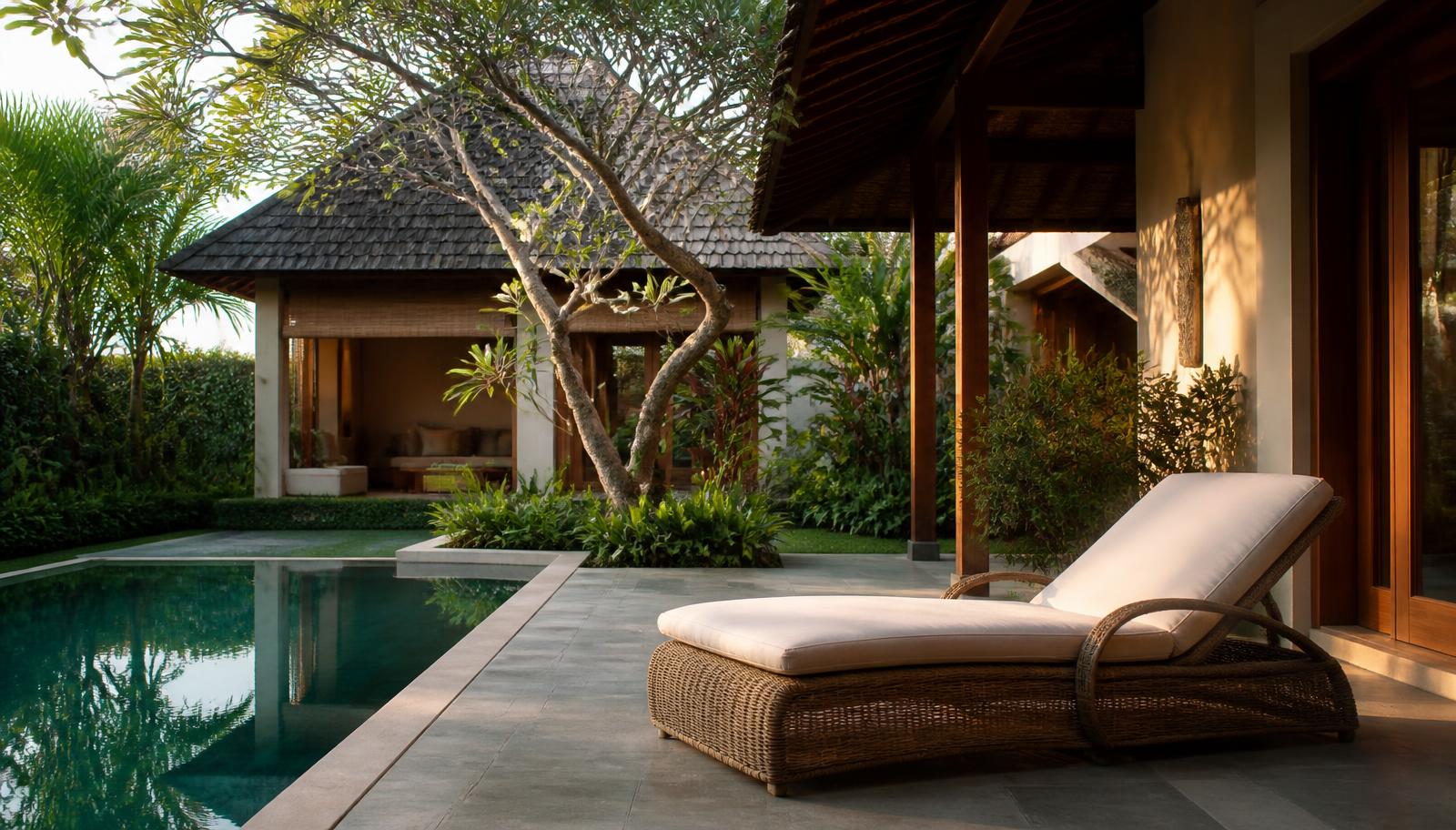 Rustig villaterras op Bali met rieten ligstoel, zwembad en verzorgde tuin