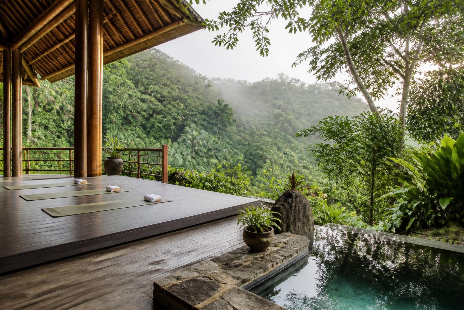 Houten dek met bamboe paviljoen en plunge pool aan de rand van een groene riviervallei bij Ubud